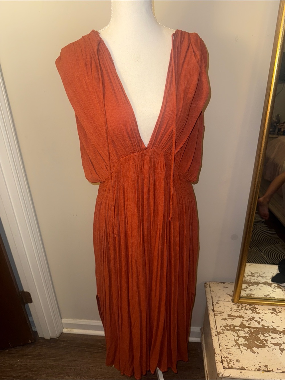 Rust Orange Deep V Maxi Dress with Smocked Waist
